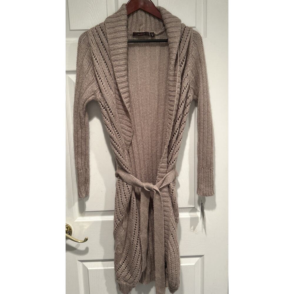 New Fever Long Cardigan Duster Sweater Sz M crochet fairy Open Front Boho Y2K
